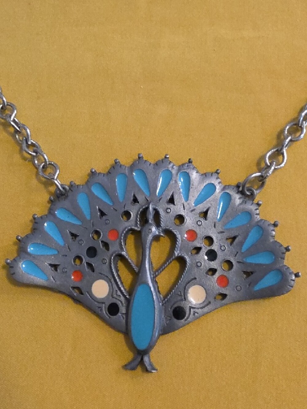 Vintage 1970s Gold Crown Inc. - Pewter Tone Peacock Statement Necklace